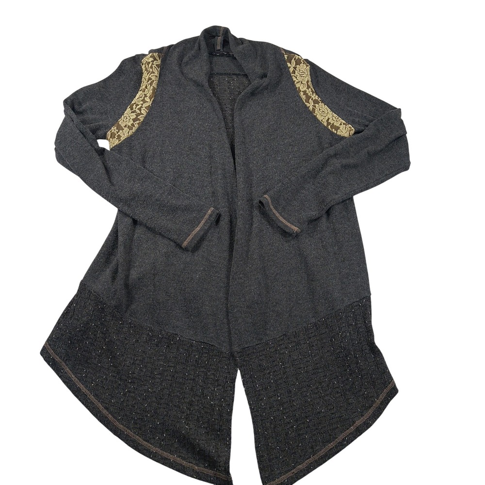 Miss Me Women's Gray Open Front Draped Cardigan with Lace Shoulder Detail M